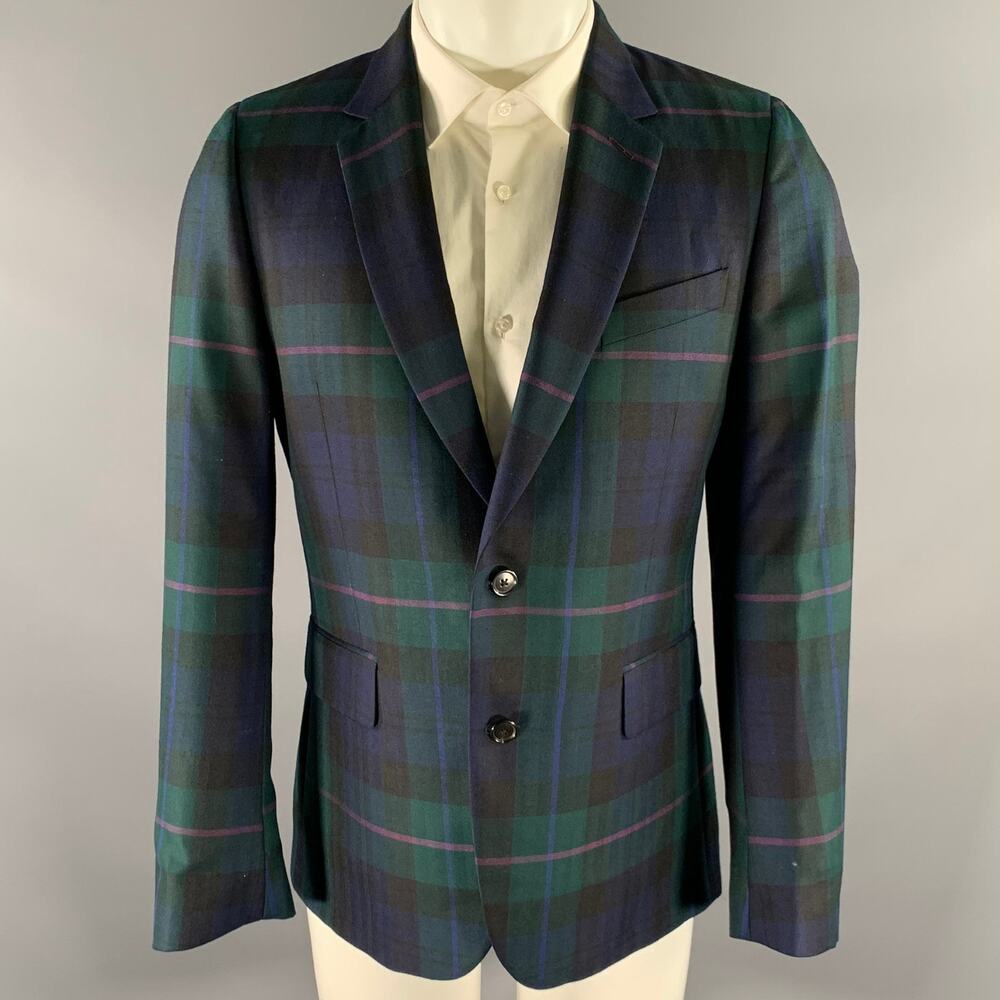 PAUL SMITH Size 40 Green Navy Tartan Wool Silk Notch Lapel Sport Coat